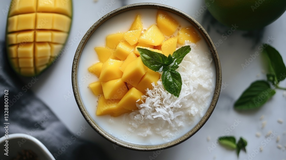 Fresh Mango and Coconut Yogurt Bowl with Mint Garnish on Marble Surface Fresh Mango and Coconut Yogurt Bowl with Mint Garnish on Marble Surface