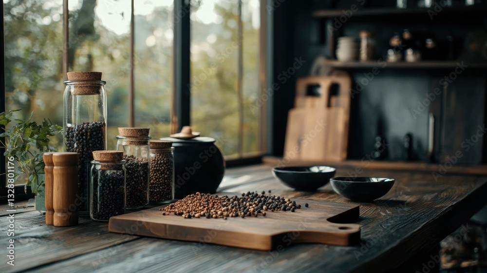 Wooden table in a kitchen with a large window in the background. on the table, there are several glass jars with cork stoppers, a wooden cutting board, and a black bowl. Wooden table in a kitchen with a large window in the background. on the table, there are several glass jars with cork stoppers, a wooden cutting board, and a black bowl.