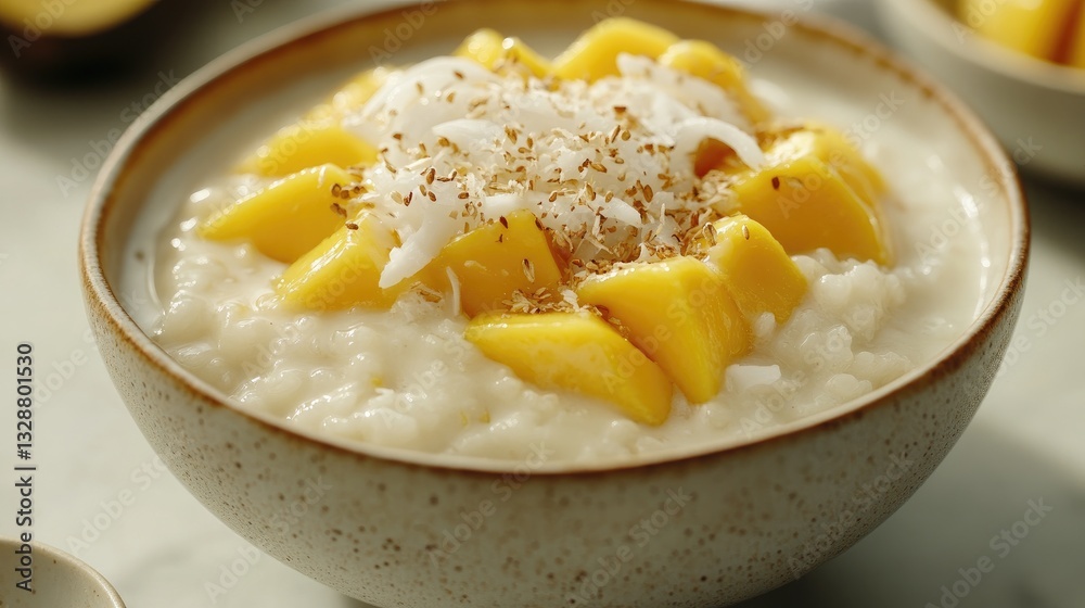 Creamy coconut rice pudding topped with fresh mango slices and toasted coconut flakes served in a rustic bowl Creamy coconut rice pudding topped with fresh mango slices and toasted coconut flakes served in a rustic bowl