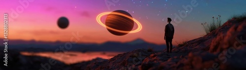 Discover surreal landscapes with a lone traveler on a surreal mountain peak, gazing at a giant ringed planet in the night sky Explore breathtaking vistas, cosmic wonders, and the beauty of solitude