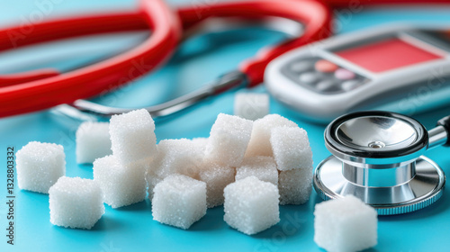Health concept with sugar cubes, stethoscope, and glucose meter, highlighting diabetes awareness