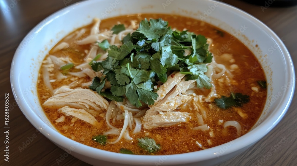 Delicious bowl of chicken noodle soup with fresh herbs and vibrant broth in a white ceramic bowl on a wooden table Delicious bowl of chicken noodle soup with fresh herbs and vibrant broth in a white ceramic bowl on a wooden table