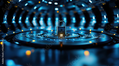 glowing digital padlock in futuristic environment, symbolizing security and technology