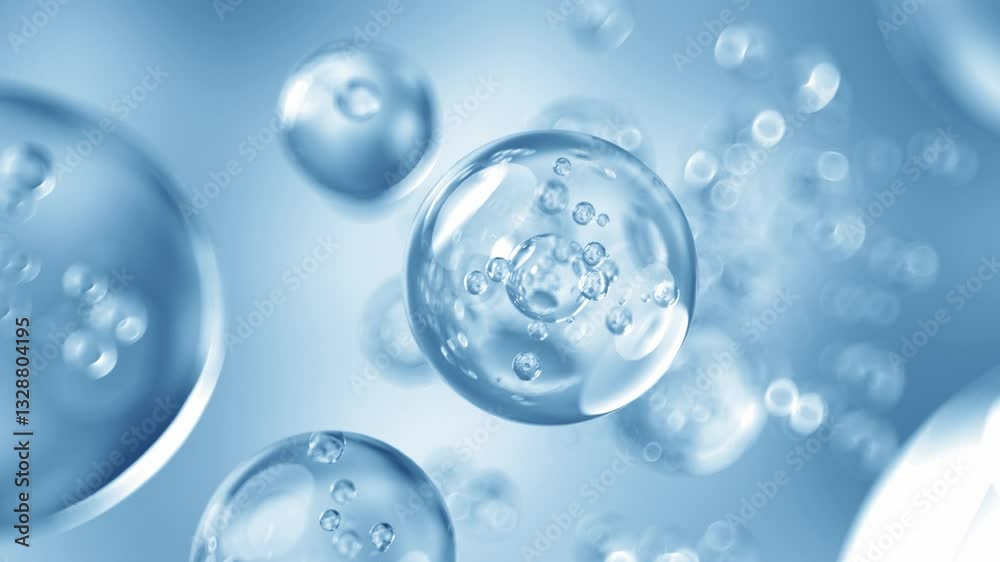 Close-up of bubble particles floating in the air. The blue bubbles contain many small bubbles inside. 3D cosmetic serum animation, advertising background. Bubble particles move closer to the camera