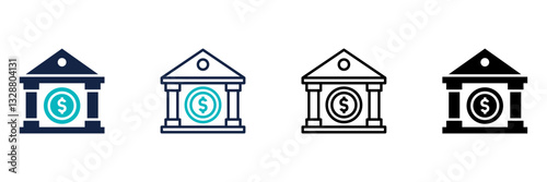 Bank icon set multiple style collection. Bank building with dollar coin.