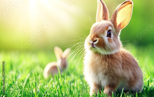 Adorable Fluffy Brown Bunny Rabbit in Green Grass pet fur cute ears eyes soft long wild