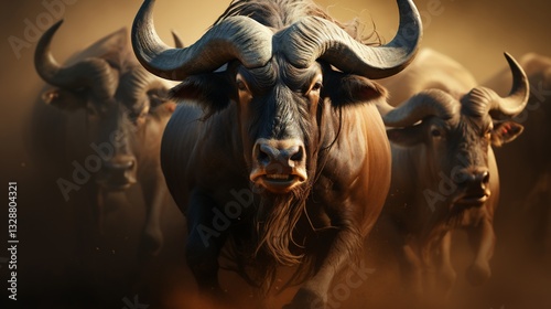 A herd of African buffalo charge, kicking up dust in the dry savannah landscape