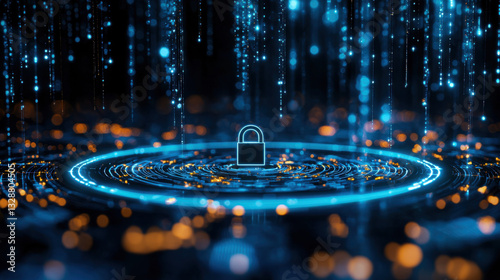 glowing digital padlock surrounded by shimmering data streams symbolizes security and technology