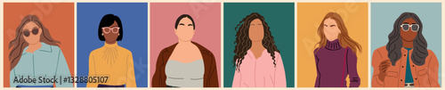 Business women avatars, faceless portraits with different hair styles and outfits. Colorful vector illustrations representing diversity and individuality of women.