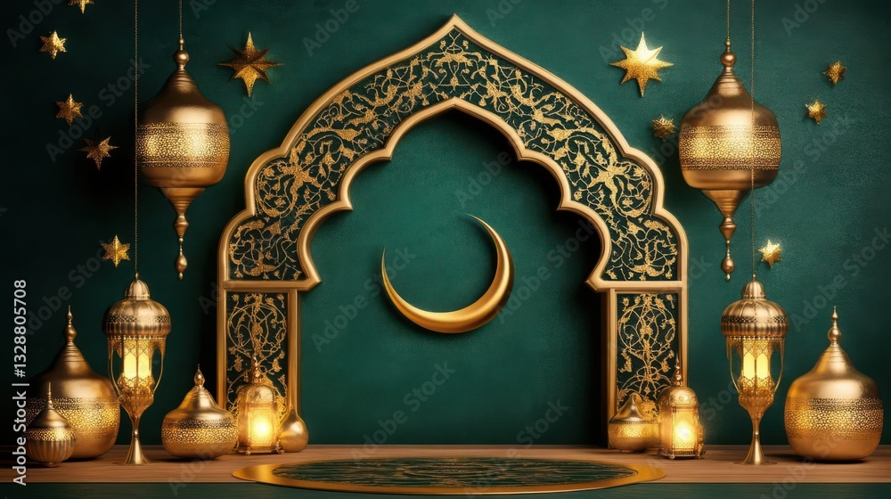 Ornate golden crescent and lanterns against a rich green backdrop, evoking a festive atmosphere Ornate golden crescent and lanterns against a rich green backdrop, evoking a festive atmosphere
