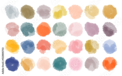Set of colorful watercolor hand painted different shapes, stains, circles, blobs isolated on white background. Vector elements for design