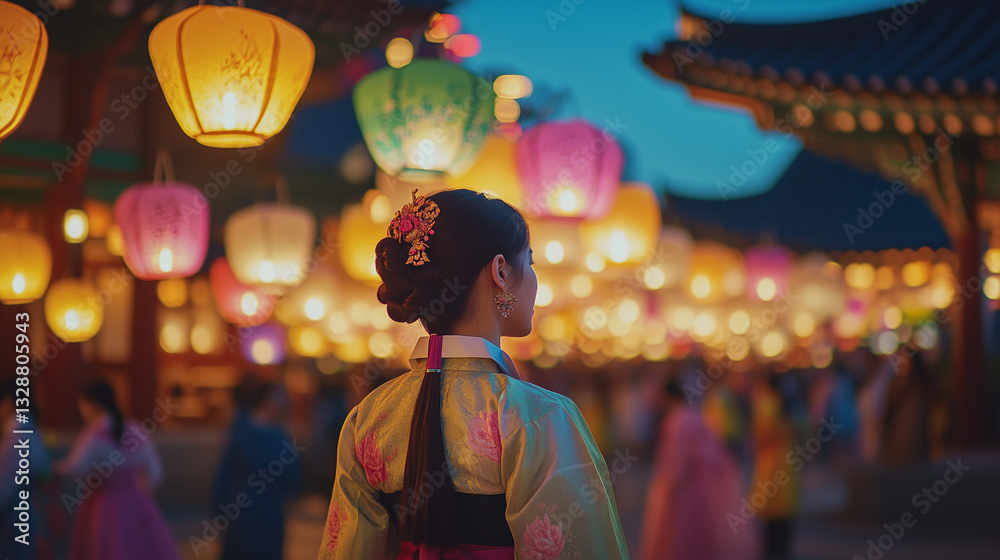 Obraz premium Lotus Lantern Festival, thousands of colorful paper lanterns hanging in the night sky, each lantern glowing softly creating beautiful light patterns, Ai generated images