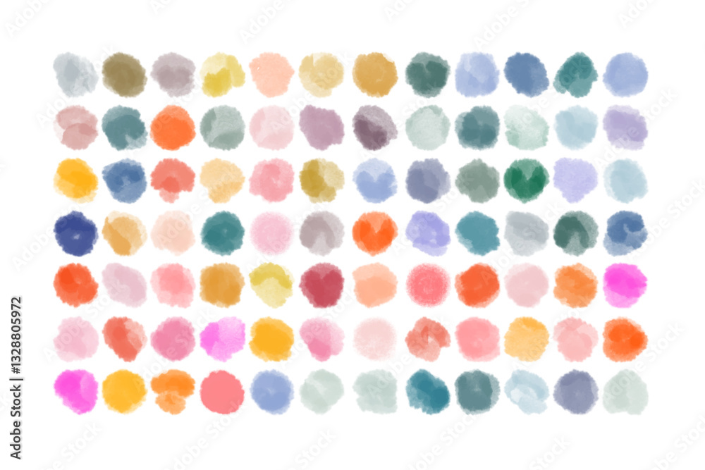 Fototapeta premium Set of colorful watercolor hand painted different shapes, stains, circles, blobs isolated on white background. Vector elements for design