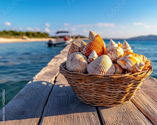 Coastal Treasures A captivating image showcasing A basket filled with seashells placed on a sunlit pier with ocean waves in the background, evoking the serene beauty of the seaside The golden