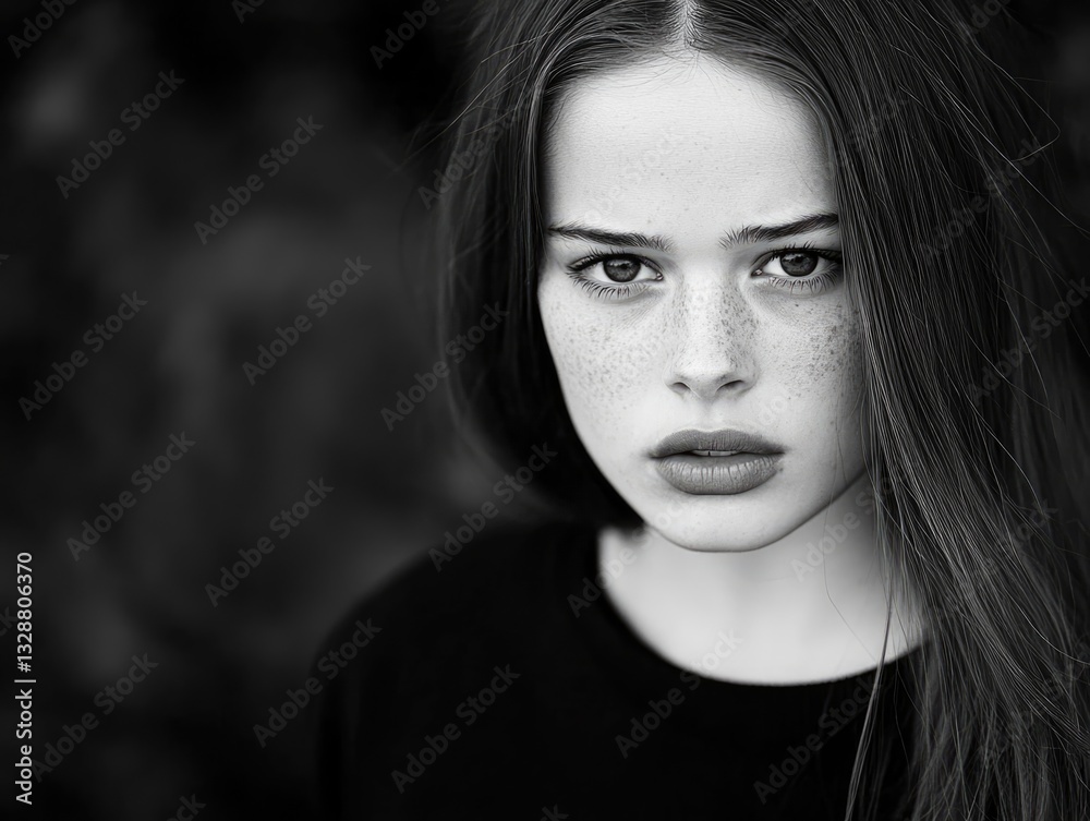 Fototapeta premium Emotional black and white close-up of a woman in an urban setting biting her lip