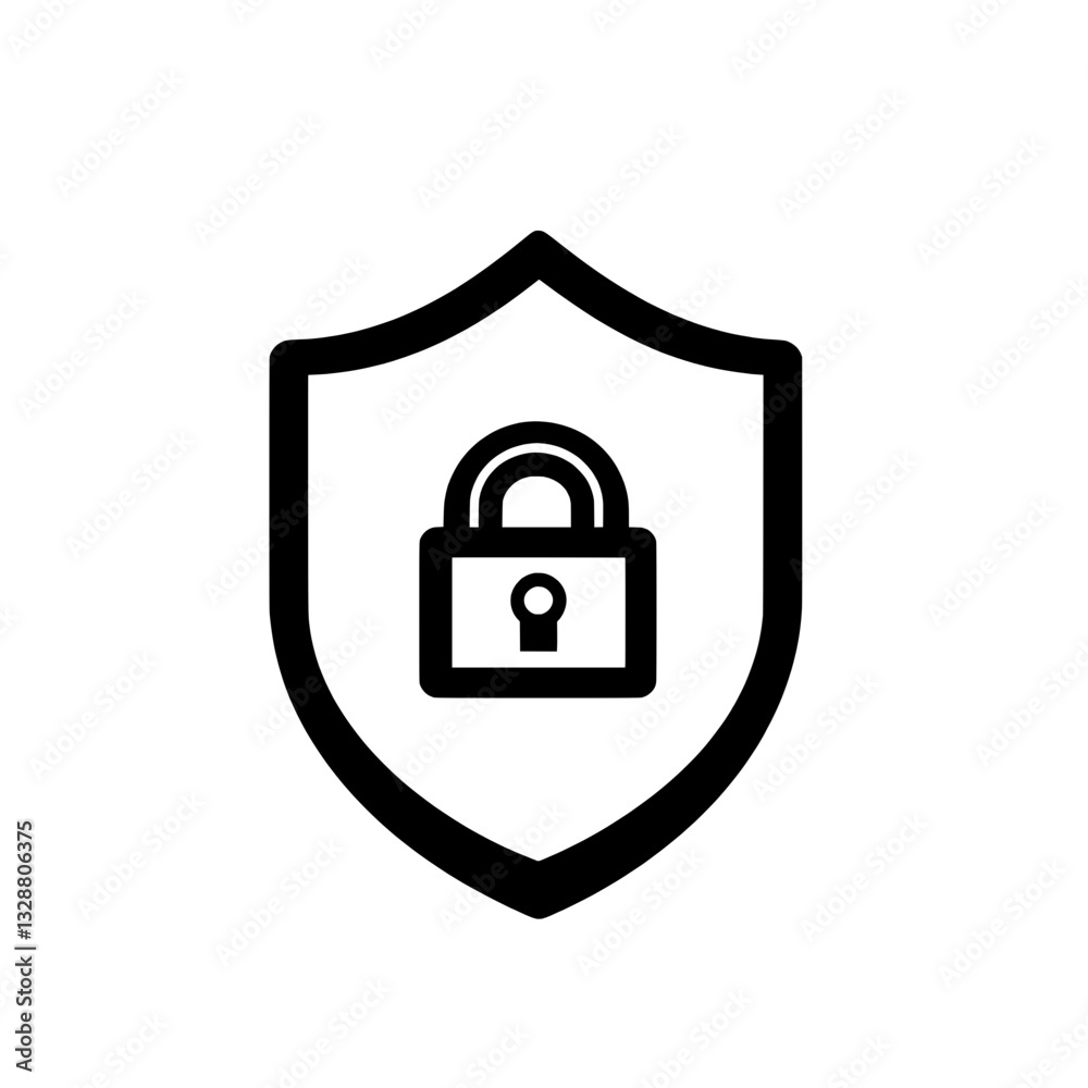Simple black and white shield with a small padlock symbol, representing basic security, privacy protection, and encryption. Simple black and white shield with a small padlock symbol, representing basic security, privacy protection, and encryption.