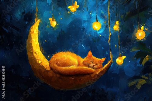 Celestial Slumber A cosmic cat curled up on a moon, sleeping among the stars, a whimsical digital art piece portraying feline tranquility amidst the vastness of space This image captures the essence