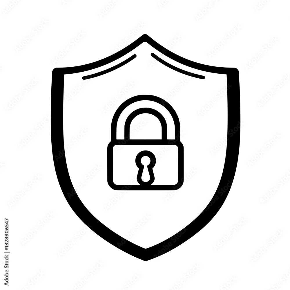 Black and white shield with a central padlock icon representing safety, cybersecurity, encryption, and secure access. Black and white shield with a central padlock icon representing safety, cybersecurity, encryption, and secure access.