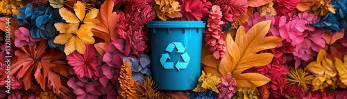 Capture the vibrant essence of eco-consciousness with this unique aerial perspective image showcasing colorful waste bins creatively arranged to form a universal recycling symbol This visual