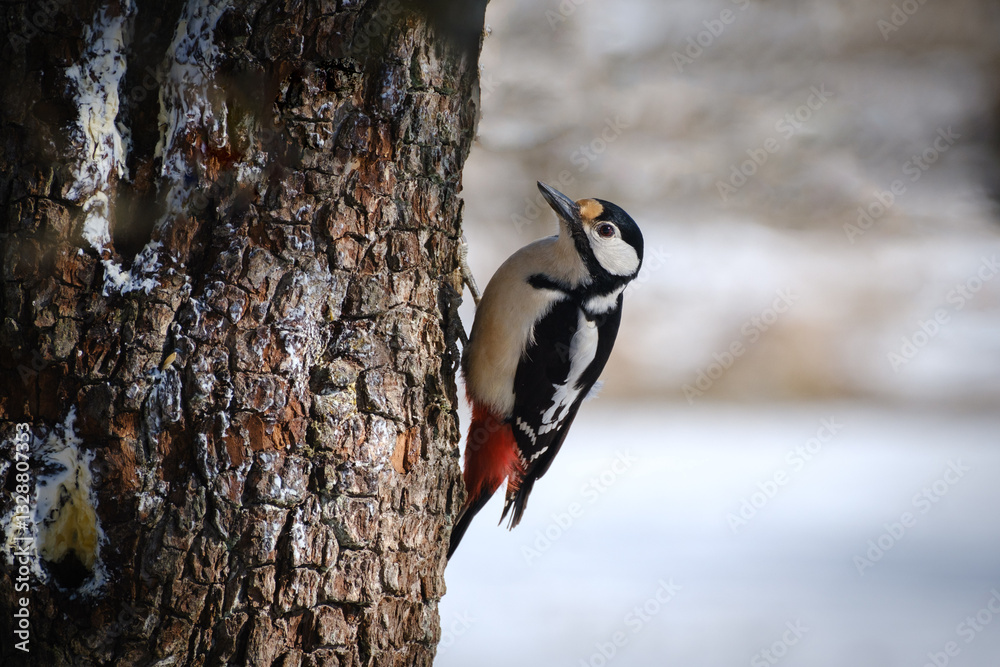 Great spotted woodpecker on a tree trunk