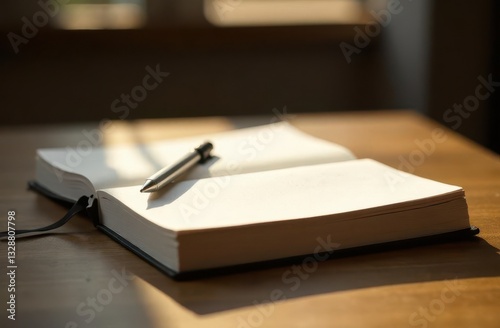Notebook and pen resting on a wooden table near a window in soft light