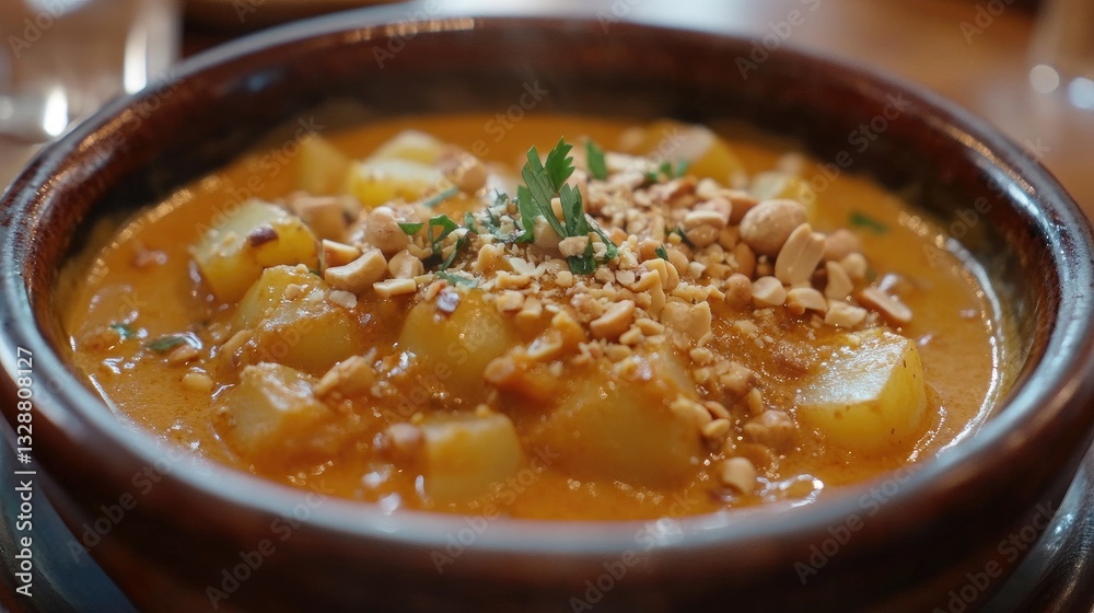 Creamy Pumpkin Stew with Potatoes, Peanuts and Herbs in a Brown Bowl Served on a Wooden Table Creamy Pumpkin Stew with Potatoes, Peanuts and Herbs in a Brown Bowl Served on a Wooden Table