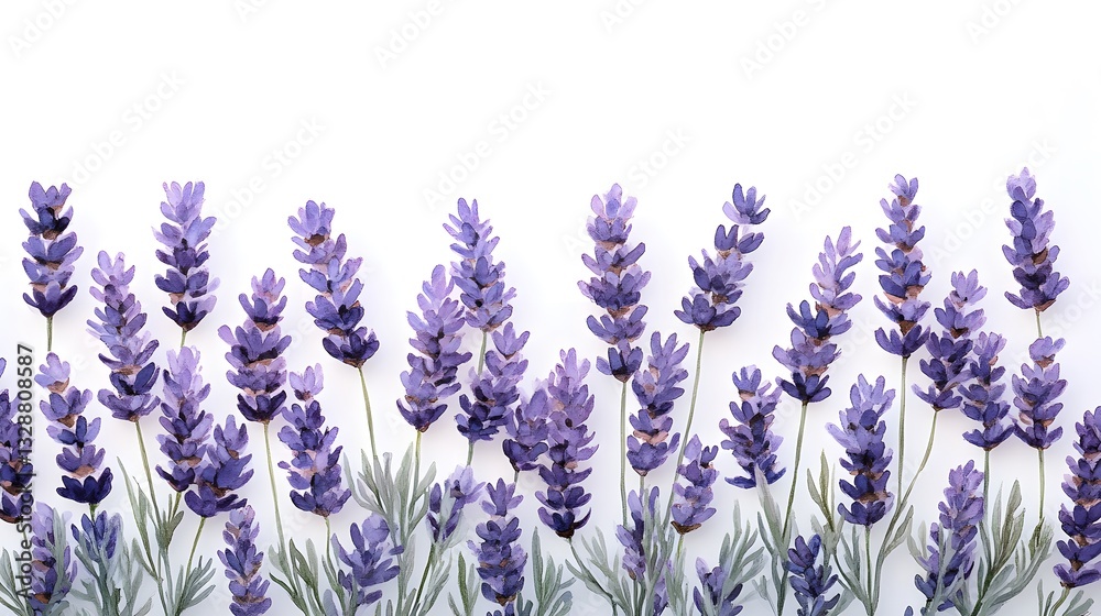 Naklejka premium An Elegant Arrangement of Lavender Blossoms in Watercolor Enveloping a Pristine White Background for an Inviting Decoration