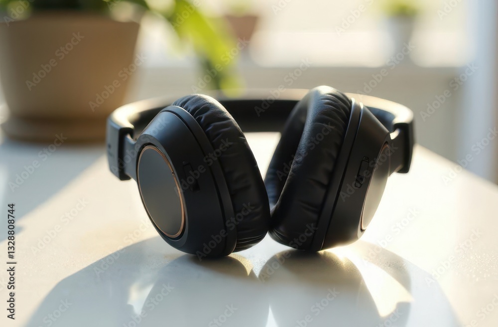 Minimalist design with wireless headphones resting on a table indoors Minimalist design with wireless headphones resting on a table indoors