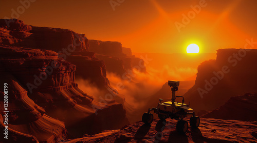 Mars Grand Canyon sunrise with iron oxide cliffs, swirling dust devils