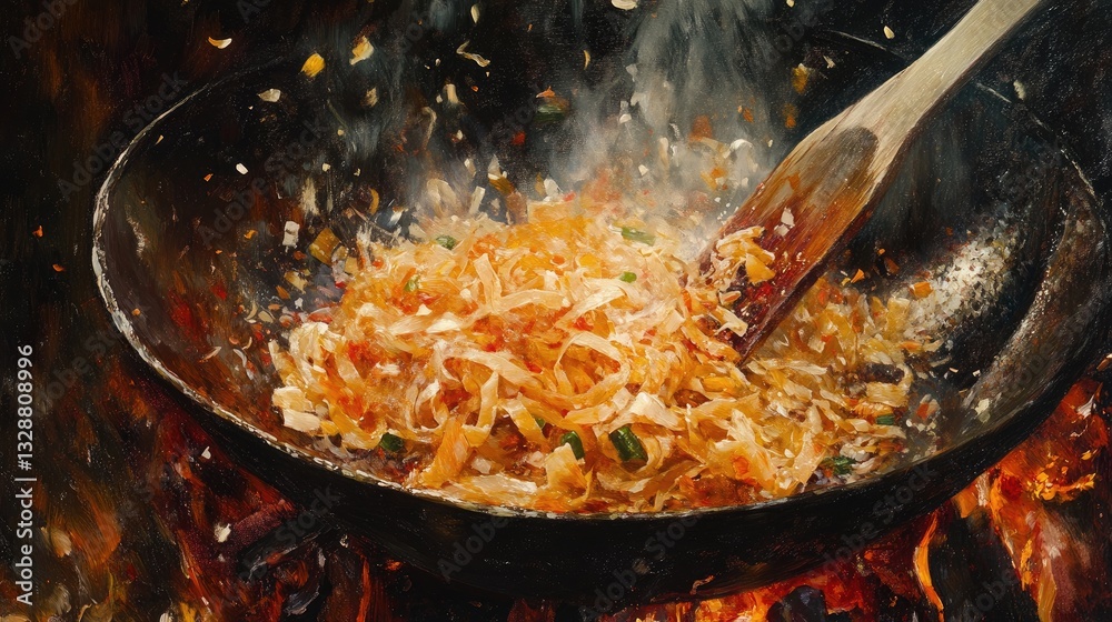 Vibrant Stir-Fry with Colorful Vegetables in a Wok Heated Over Flames Vibrant Stir-Fry with Colorful Vegetables in a Wok Heated Over Flames