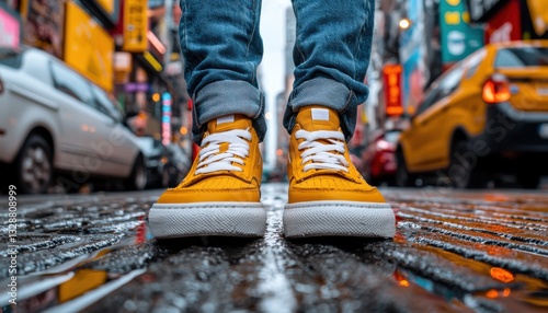 Capture the essence of trendy Gen Z youth in stylish sneakers against a vibrant urban backdrop with this high-quality image Perfect for marketing campaigns targeting younger demographics, showcasing