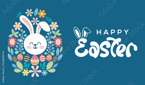 Happy Easter design, Happy easter vector with bunny, flowers, and colorful Easter eggs on blue background with place for text. Modern minimalist design.
