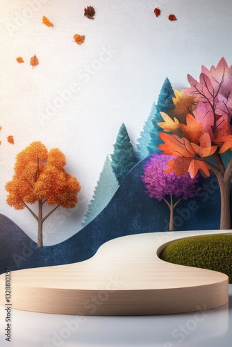 Winding autumn path through a minimal abstract forest drenched in warm earthy tones