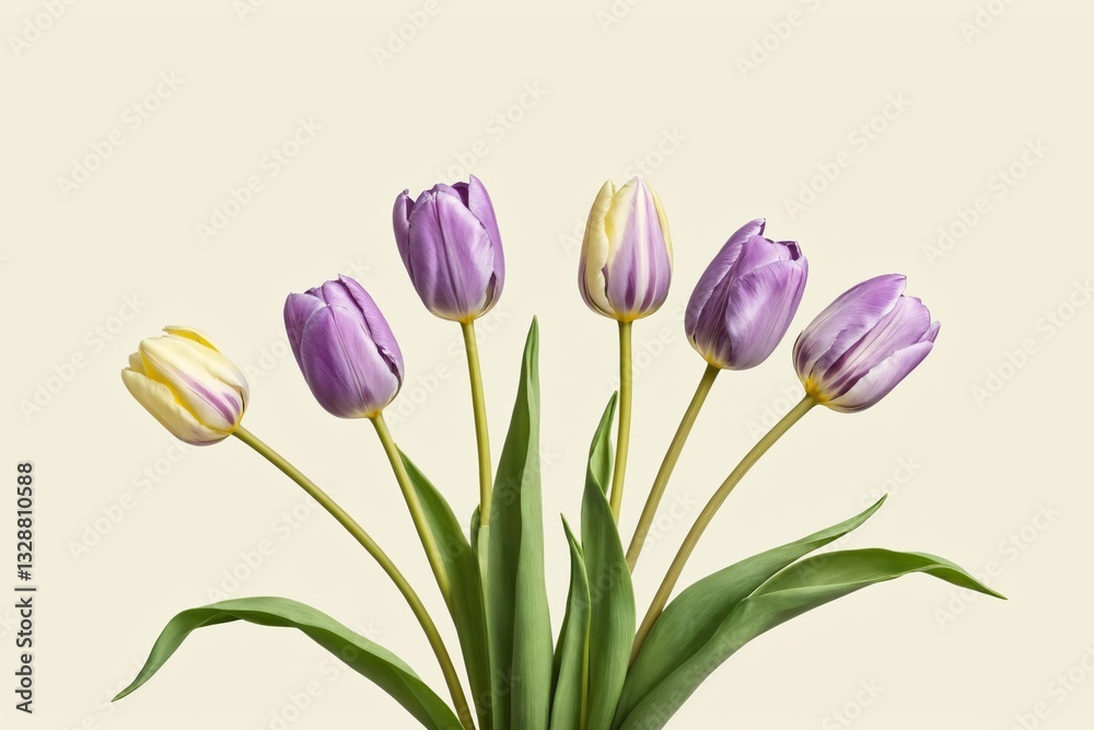 Several purple tulips with green leaves on plain background Several purple tulips with green leaves on plain background