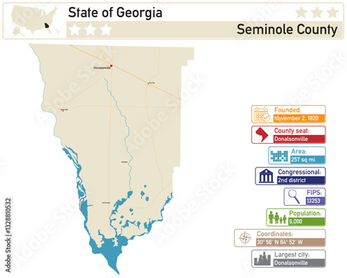 Detailed infographic and map of Seminole County in Georgia USA.