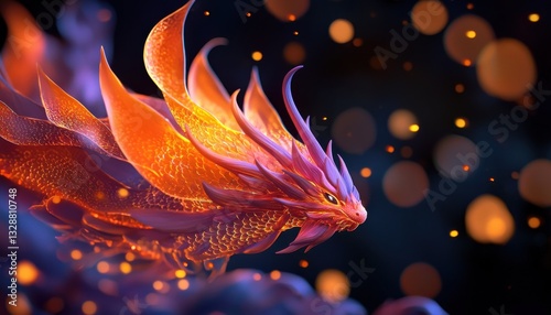 Behold the Majesty A Fiery Dragon surrounded by floating embers, illuminating the dark night sky with ethereal light Witness this breathtaking fantasy art depiction of a powerful dragon, its scales