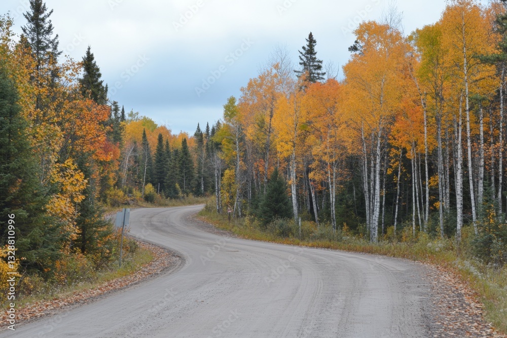 Beautiful autumn landscape with winding dirt road and colorful foliage in a peaceful forest setting Beautiful autumn landscape with winding dirt road and colorful foliage in a peaceful forest setting