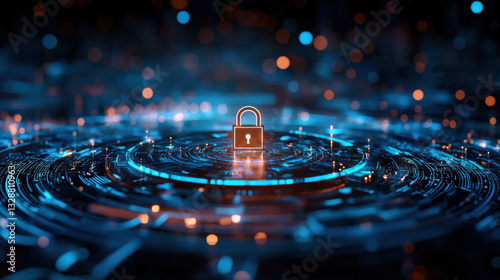 Glowing digital padlock in futuristic setting, symbolizing security and technology