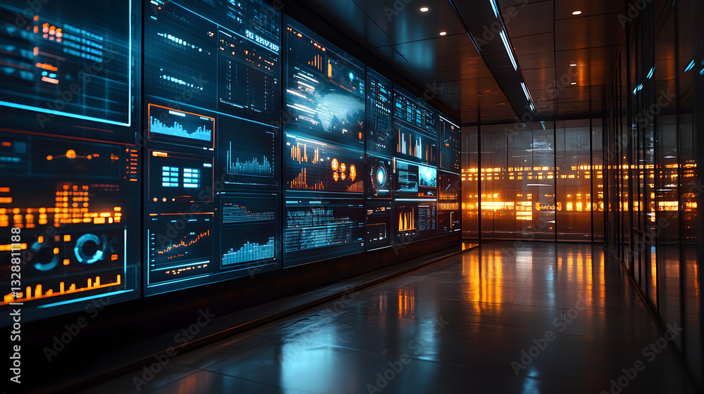 Digital Command Center: Inside a futuristic data center, glowing screens display complex information. A high-tech interior emphasizes data analysis and cyber security. Digital Command Center: Inside a futuristic data center, glowing screens display complex information. A high-tech interior emphasizes data analysis and cyber security.