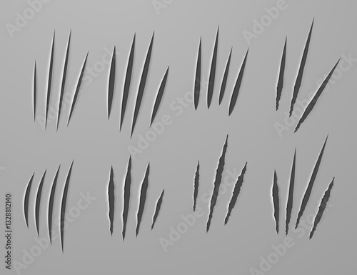 Realistic claw scratches or knife cuts on a flat surface of fabric or paper. Vector illustration.