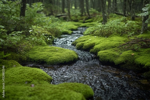 Tranquil stream flowing through lush green moss in a serene forest environment