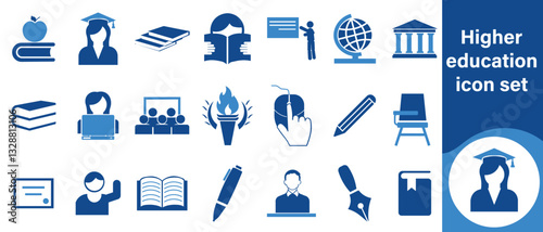 Higher education icon set, science, silhouette, internet, blackboard, computer, cap, graphic, art, learn, black, online, career, development, higher education, study, growth, simple and more
