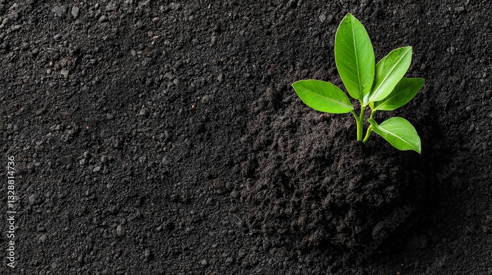 Naklejka premium Sustainable Organic Food for an Eco-Friendly Lifestyle, A small green plant sprouts from dark soil, symbolizing growth and renewal.