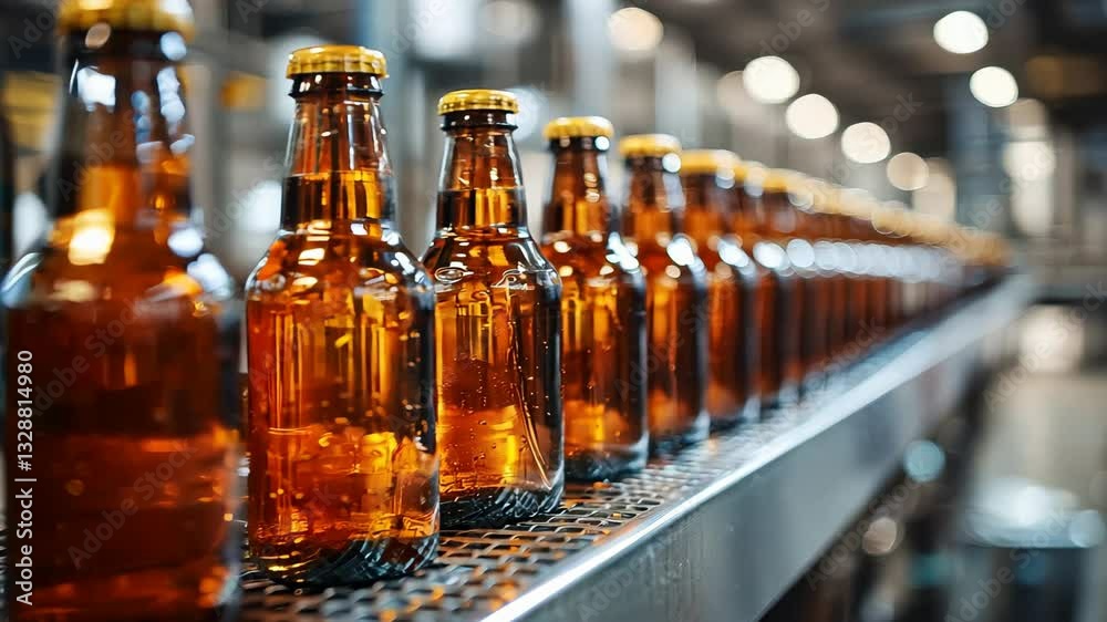 A series of amber beer bottles with golden caps arranged on a conveyor belt in a brewery setting, displaying bubbles inside. A series of amber beer bottles with golden caps arranged on a conveyor belt in a brewery setting, displaying bubbles inside.