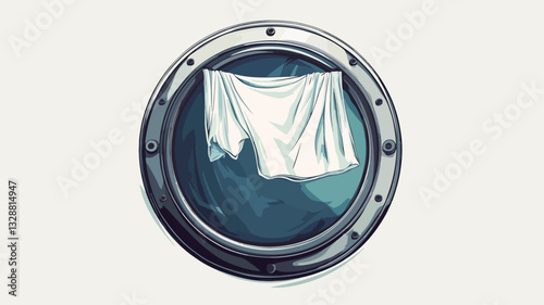 The image is a digital illustration featuring a white cloth draped inside a circular metallic frame resembling a porthole or window. The cloth is centrally positioned and appears soft and slightly