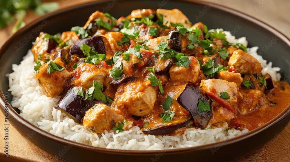 Delicious chicken and eggplant curry served on a bed of fluffy white rice topped with fresh cilantro and rich sauce