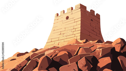 A vector illustration depicting a stone tower situated atop a rocky hill. The tower is a square structure with crenellations and a small circular opening near the top. The stones are rendered in