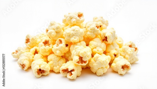 Buttered popcorn pieces isolated on white background, snacking delight