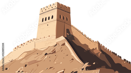 A digital illustration depicting a hilltop fortress. The style is reminiscent of vintage illustrations, with muted beige and brown tones dominating the color palette. The fortress is shown in