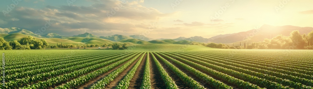 Fototapeta premium Sustainable Organic Food for an Eco-Friendly Lifestyle, Expansive green fields under a bright sky with mountains in the distance.